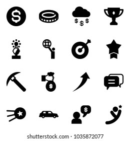 Solid vector icon set - dollar coin vector, money rain, gold cup, award, world, target, star medal, rock axe, rich, growth, dialog, first satellite, limousine, flying man