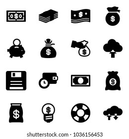 Solid vector icon set - dollar vector, cash, money bag, piggy bank, encashment, upload cloud, save, wallet time, business idea, lifebuoy, exchange data