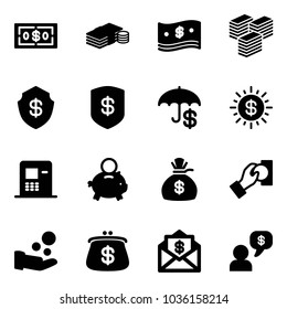 Solid vector icon set - dollar vector, cash, big, safe, insurance, sun, atm, piggy bank, money bag, pay, purse, mail, dialog