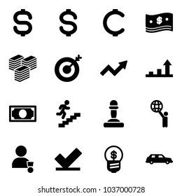 Solid vector icon set - dollar sign vector, cent, cash, big, target, growth arrow, money, career, pawn, world, winner, check, business idea, limousine