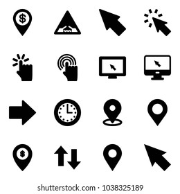 Solid Vector Icon Set - Dollar Pin Vector, Drawbridge Road Sign, Cursor, Hand Touch, Monitor, Right Arrow, Time, Map, Atm, Up Down Arrows, Navigation