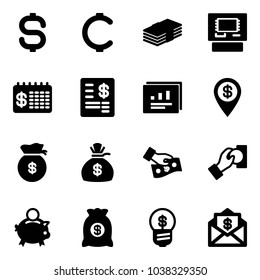 Solid vector icon set - dollar sign vector, cent, atm, finance calendar, account statement, statistics report, pin, money bag, cash pay, piggy bank, business idea, mail