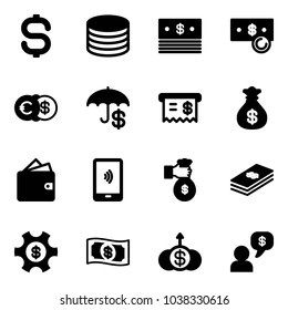 Solid vector icon set - dollar sign vector, coin, cash, euro, insurance, receipt, money bag, wallet, mobile payment, rich, managemet, growth, dialog