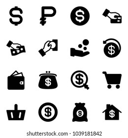 Solid vector icon set - dollar sign vector, ruble, coin, card pay, cash, money back, wallet, purse, click, cart, basket, bag, home