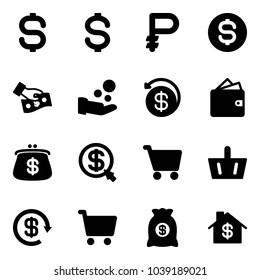 Solid vector icon set - dollar sign vector, ruble, coin, cash pay, money back, wallet, purse, click, cart, basket, reload, bag, home