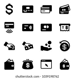 Solid vector icon set - dollar vector, credit card, tap pay, receipt, cash, money back, wallet, purse, cursor browser, finance management