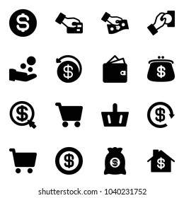 Solid vector icon set - dollar coin vector, card pay, cash, money back, wallet, purse, click, cart, basket, reload, bag, home