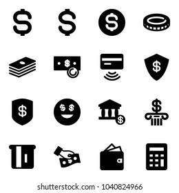 Solid vector icon set - dollar sign vector, coin, cash, tap pay, safe, smile, account, bank, atm, wallet, calculator