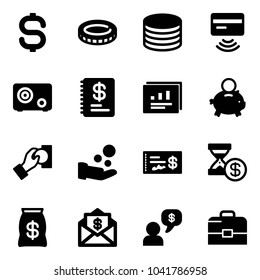 Solid vector icon set - dollar sign vector, coin, tap pay, safe, annual report, statistics, piggy bank, cash, check, account history, money bag, mail, dialog, case