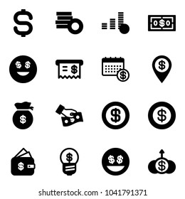 Solid vector icon set - dollar sign vector, coin, smile, receipt, calendar, pin, money bag, cash pay, finance management, business idea, growth