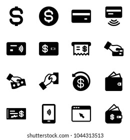 Solid vector icon set - dollar sign vector, coin, credit card, tap pay, receipt, cash, money back, wallet, check, mobile payment, cursor browser, finance management