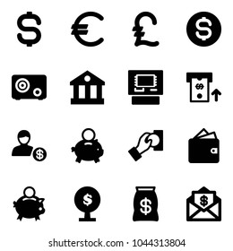 Solid vector icon set - dollar sign vector, euro, pound, coin, safe, bank, atm, account, piggy, cash pay, wallet, money tree, bag, mail