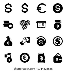 Solid vector icon set - dollar sign vector, euro, coin, big cash, receipt, money bag, pay, back, rich, finance management