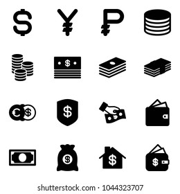 Solid vector icon set - dollar sign vector, yen, ruble, coin, euro, safe, cash pay, wallet, money, bag, home, finance management