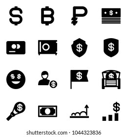 Solid vector icon set - dollar sign vector, bitcoin, ruble, credit card, safe, smile, account, flag, money chest, torch, growth, chart