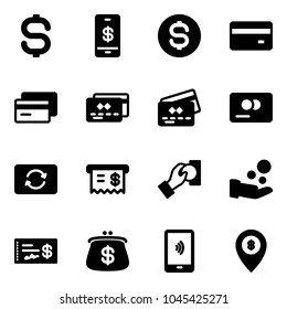 Solid vector icon set - dollar sign vector, mobile payment, coin, credit card, exchange, receipt, cash pay, check, purse, atm map pin