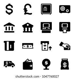 Solid vector icon set - dollar vector, pound, safe, bank, atm, cash, card pay, encashment car, wallet, money tree, bag