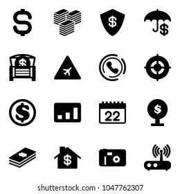 Solid vector icon set - dollar sign vector, big cash, safe, money chest, airport road, phone horn, target, statistics, calendar, tree, home, photo, wi fi router
