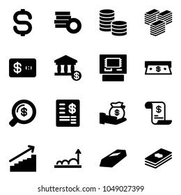 Solid vector icon set - dollar sign vector, coin, big cash, credit card, account, atm, money search, statement, investment, history, growth, gold