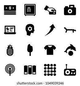 Solid vector icon set - dollar vector, safe, card pay, camera, statistics monitor, brain work, growth, lounger, pineapple, ice cream, t shirt, dolphin, antenna, battery, circuit, radio