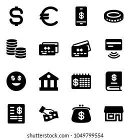 Solid vector icon set - dollar sign vector, euro, mobile payment, coin, credit card, tap pay, smile, bank, finance calendar, annual report, account statement, cash, purse, store