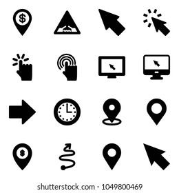 Solid vector icon set - dollar pin vector, drawbridge road sign, cursor, hand touch, monitor, right arrow, time, map, atm, trip, navigation