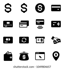 Solid vector icon set - dollar sign vector, coin, credit card, tap pay, exchange, receipt, cash, wallet, purse, cursor browser, atm map pin