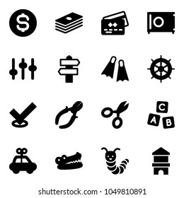 Solid vector icon set - dollar coin vector, credit card, safe, settings, signpost, flippers, hand wheel, check, side cutters, scissors, abc cube, car toy, crocodile, caterpillar, block house