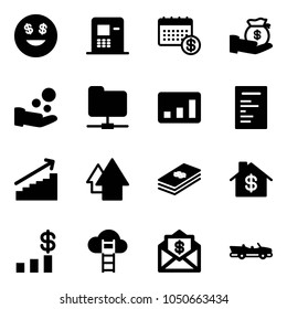 Solid vector icon set - dollar smile vector, atm, calendar, investment, cash pay, network folder, statistics, document, growth, arrow up, home, chart, cloud ladder, mail, cabrio