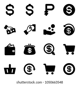 Solid vector icon set - dollar sign vector, ruble, coin, cash pay, money back, wallet, purse, click, cart, basket, reload