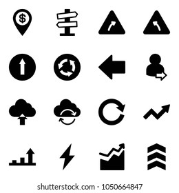 Solid vector icon set - dollar pin vector, road signpost sign, turn right, left, only forward, circle, arrow, user login, upload cloud, refresh, reload, growth, lightning, chevron