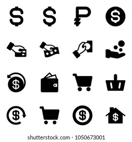 Solid vector icon set - dollar sign vector, ruble, coin, card pay, cash, money back, wallet, cart, basket, reload, home