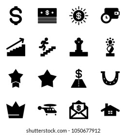 Solid vector icon set - dollar vector, sun, wallet time, growth, career, winner, award, star medal, luck, crown, helicopter, mail, home