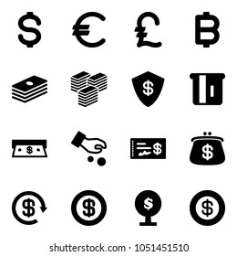 Solid vector icon set - dollar vector, euro, pound, bitcoin, big cash, safe, atm, investment, check, purse, reload, money tree