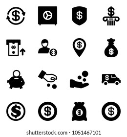 Solid vector icon set - dollar exchange vector, safe, bank, atm, account, pin, money bag, piggy, investment, cash pay, encashment car