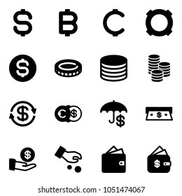 Solid vector icon set - dollar sign vector, bitcoin, cent, currency, coin, exchange, euro, insurance, cash, investment, wallet, finance management