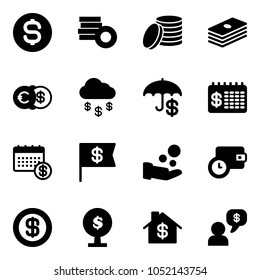 Solid vector icon set - dollar coin vector, euro, money rain, insurance, finance calendar, flag, cash pay, wallet time, tree, home, dialog