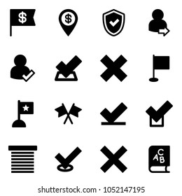 Solid vector icon set - dollar flag vector, pin, shield check, user login, delete cross, flags, jalousie, abc book