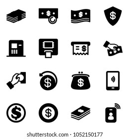 Solid vector icon set - dollar vector, cash, safe, atm, receipt, pay, money back, purse, mobile payment, identity card