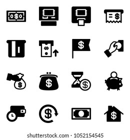 Solid vector icon set - dollar vector, atm, receipt, flag, cash pay, encashment, purse, account history, piggy bank, wallet time, reload, money, home