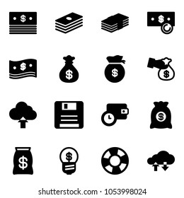 Solid vector icon set - dollar vector, cash, money bag, encashment, upload cloud, save, wallet time, business idea, lifebuoy, exchange data