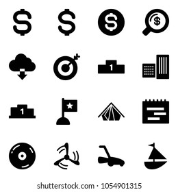 Solid vector icon set - dollar sign vector, coin, money search, download cloud, target, pedestal, building, flag, tent, terms plan, cd, wind mill, lawn mower, sailboat toy