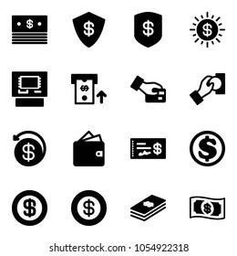 Solid vector icon set - dollar vector, safe, sun, atm, card pay, cash, money back, wallet, check