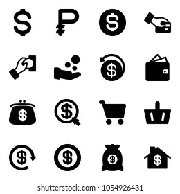 Solid vector icon set - dollar vector, ruble, coin, card pay, cash, money back, wallet, purse, click, cart, basket, reload, bag, home