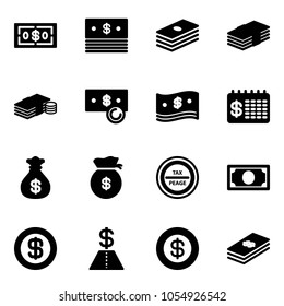 Solid vector icon set - dollar vector, cash, finance calendar, money bag, tax peage road sign