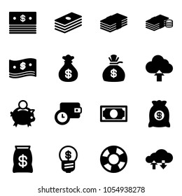 Solid vector icon set - dollar vector, cash, money bag, upload cloud, piggy bank, wallet time, business idea, lifebuoy, exchange data