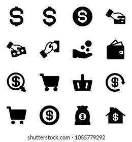 Solid vector icon set - dollar sign vector, coin, card pay, cash, wallet, money click, cart, basket, reload, bag, home