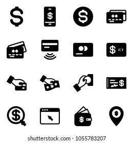 Solid vector icon set - dollar vector, mobile payment, coin, credit card, tap pay, cash, check, money click, cursor browser, finance management, atm map pin