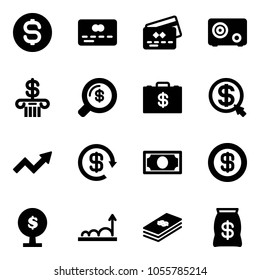 Solid vector icon set - dollar coin vector, credit card, safe, bank, money search, case, click, growth arrow, reload, tree, bag