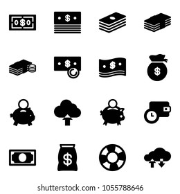 Solid vector icon set - dollar vector, cash, money bag, piggy bank, upload cloud, wallet time, lifebuoy, exchange data